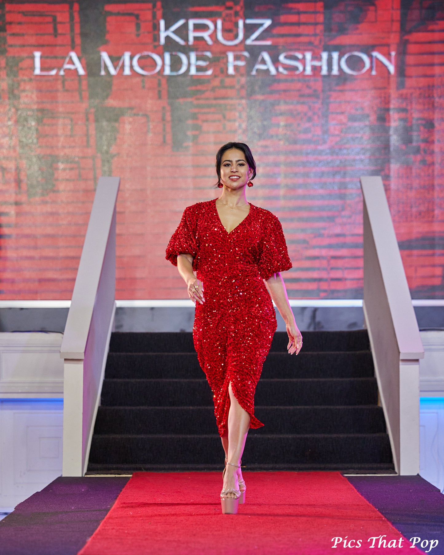 Red Sequin V Neck Dress