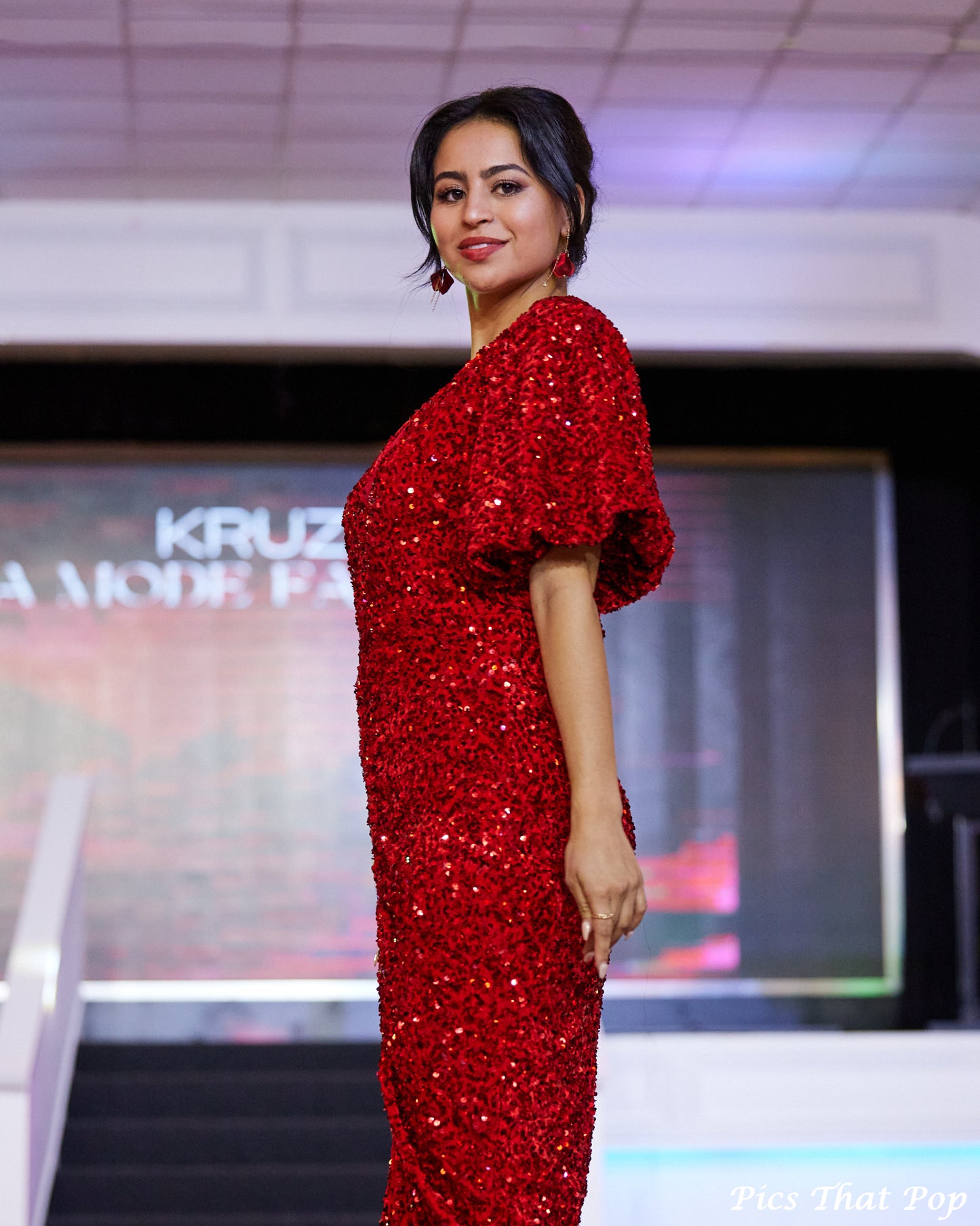 Red Sequin V Neck Dress