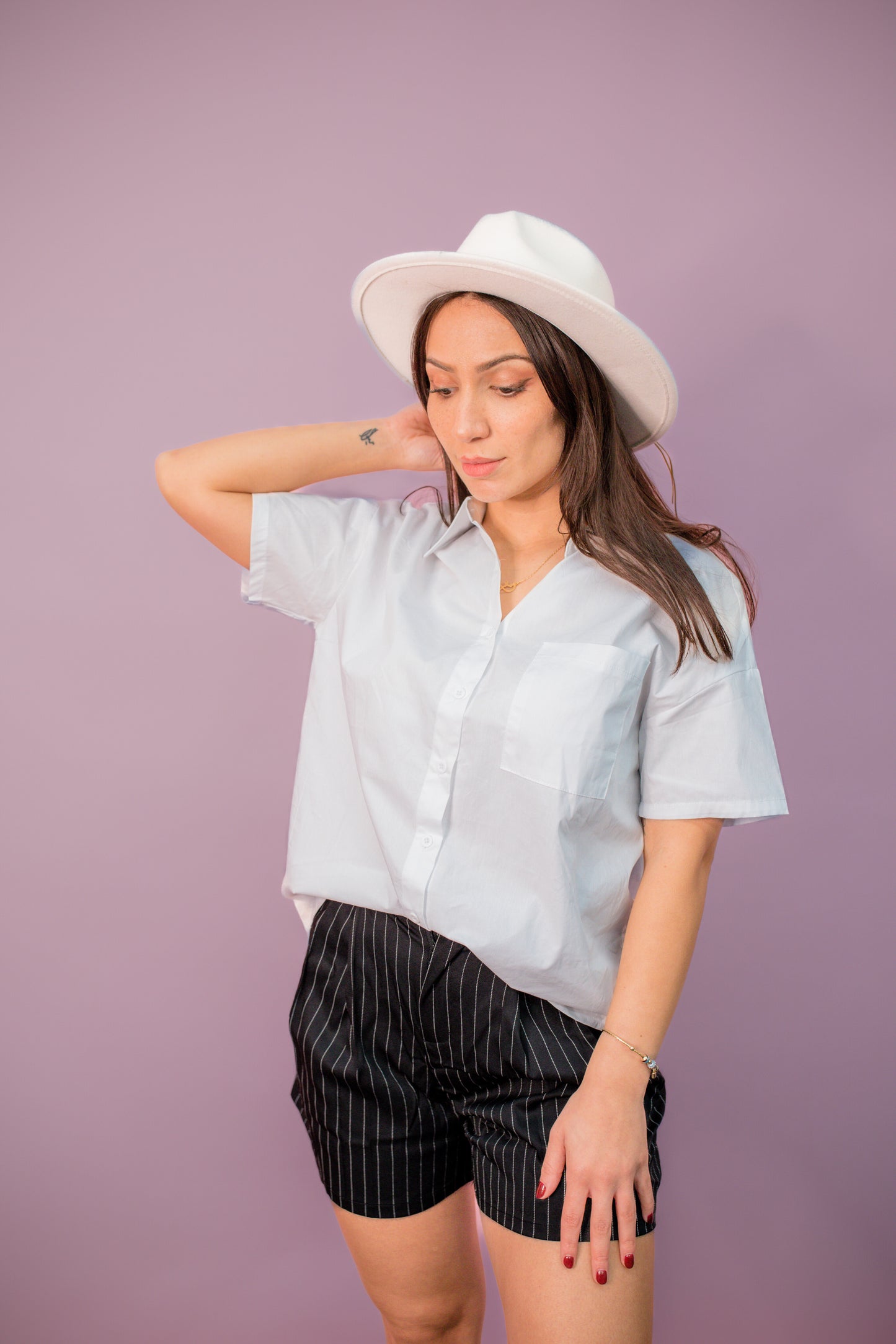 Short Black Striped Pant with White Shirt Set