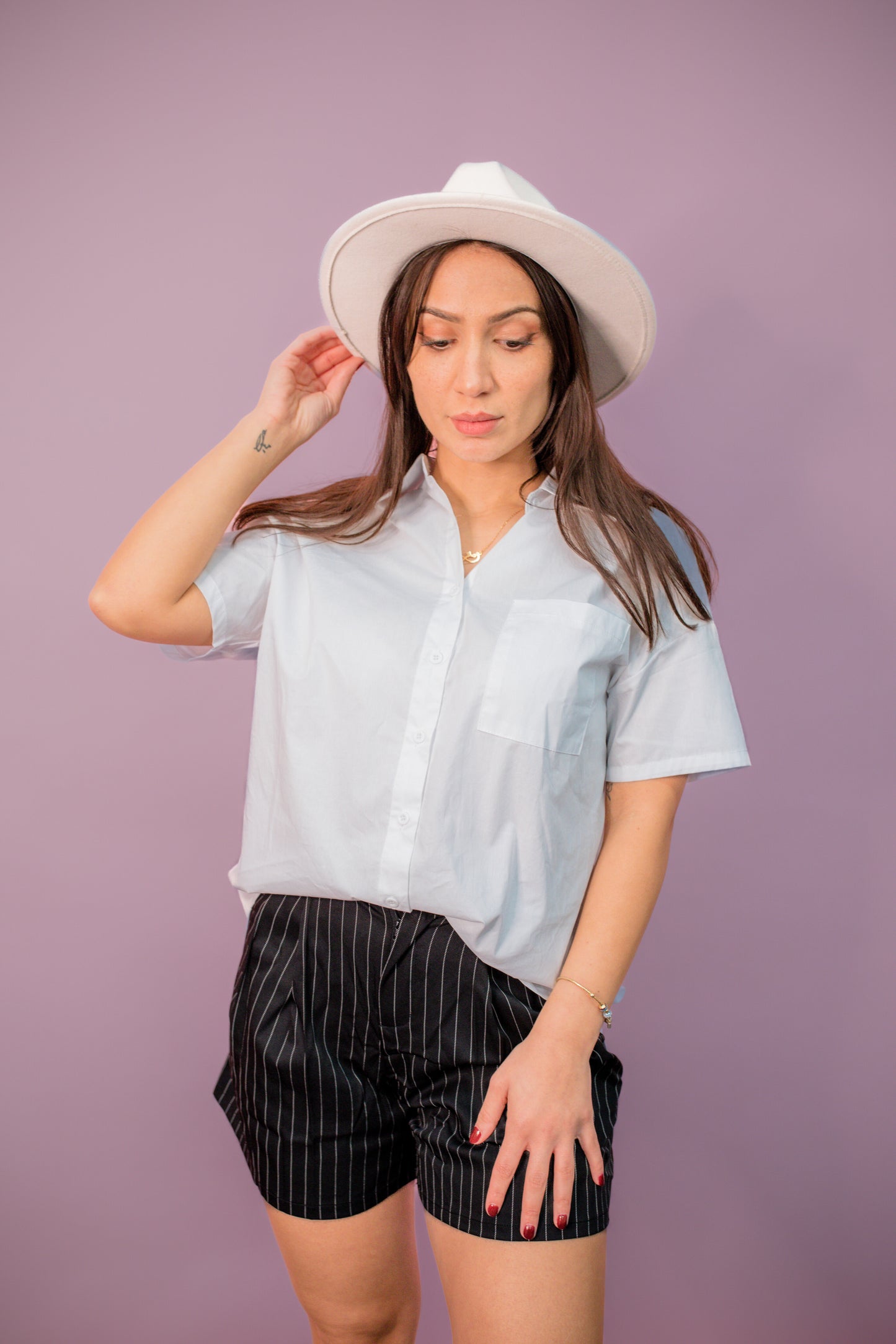 Short Black Striped Pant with White Shirt Set