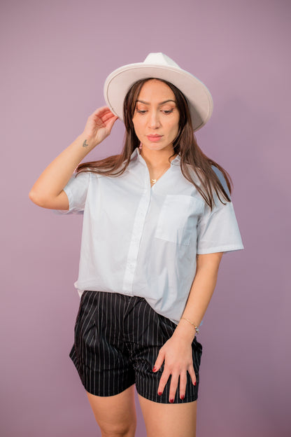 Short Black Striped Pant with White Shirt Set