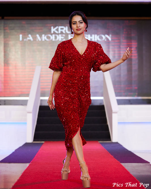 Red Sequin V Neck Dress