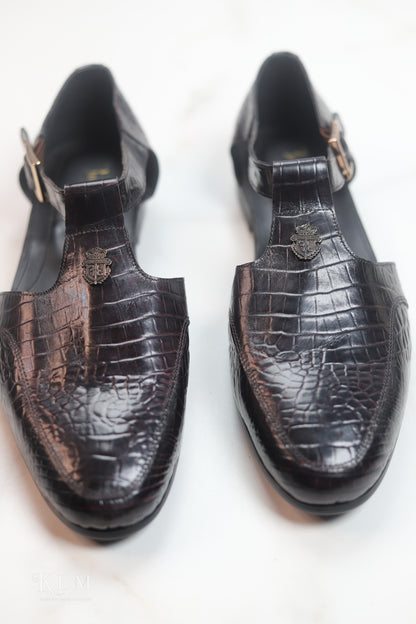 Stylish Dark Brown Crocodile Sandals Leather Shoes for Men