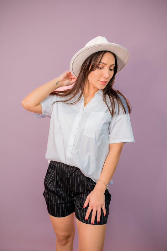 Short Black Striped Pant with White Shirt Set