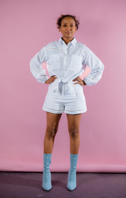Sara White Long Sleeve Top & Short White Pants