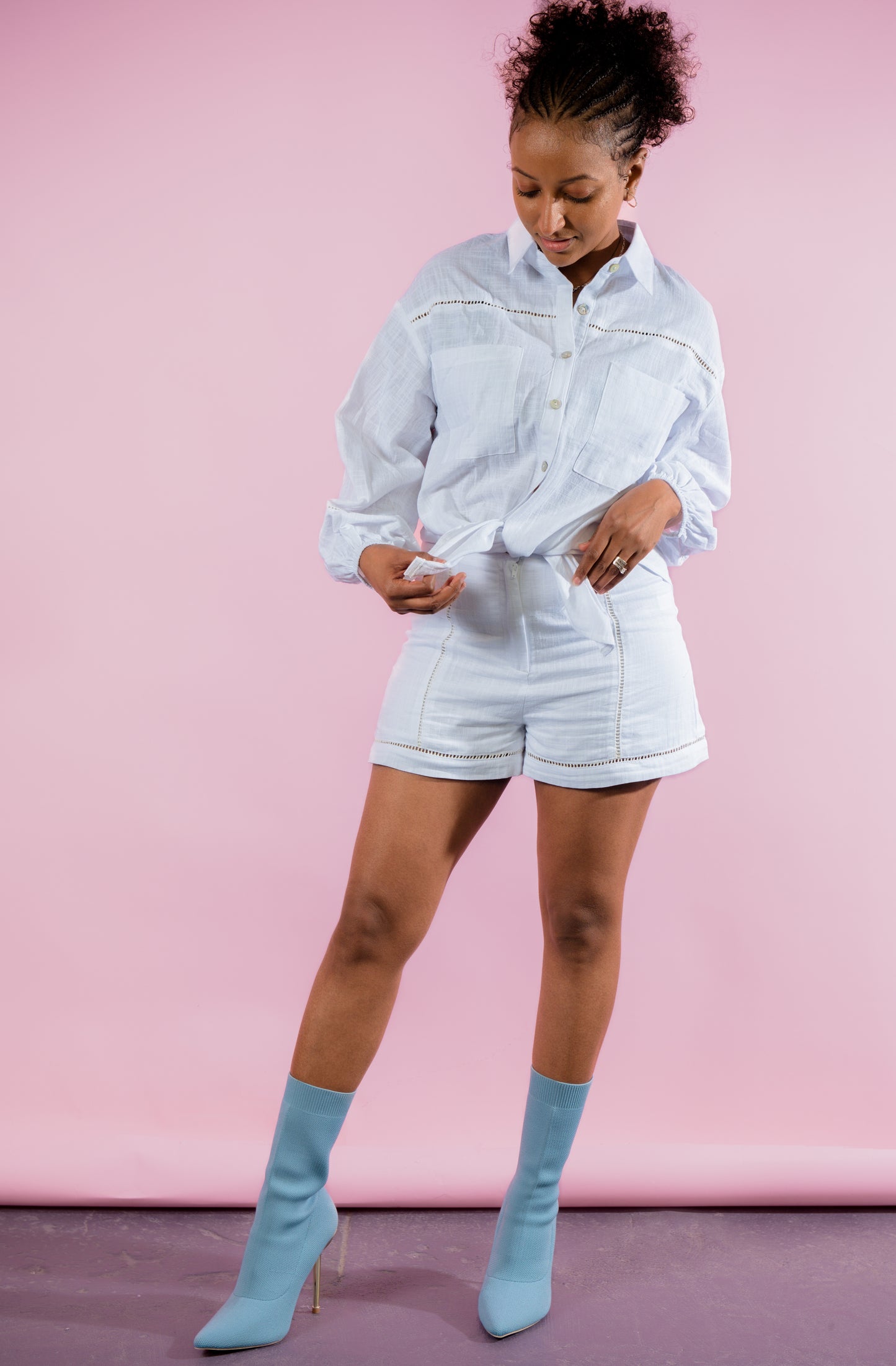 Sara White Long Sleeve Top & Short White Pants